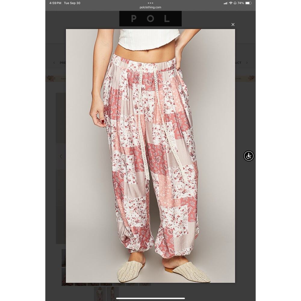 POL Patchwork Print Rayon Boho Harem Pants Women's Drawstring Waist